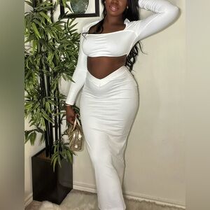White Square Neck Long Sleeve Crop Top Fashion Casual Two Piece Skirt Set